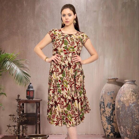 Stylish Cream Printed Knee-Length Dress | Muvvas Boutique - Picture 2 of 5